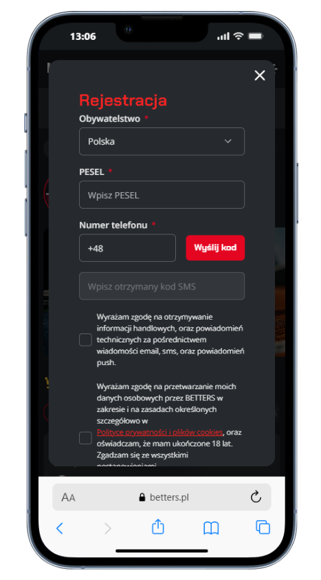 Wybór formy rejestracji w Betters.