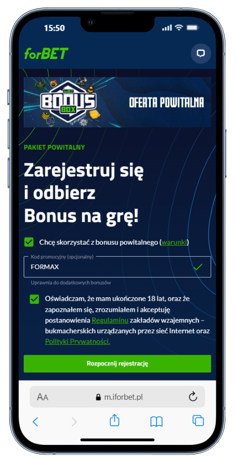 Aktywacja kodu i akceptacja warunków w forBET.