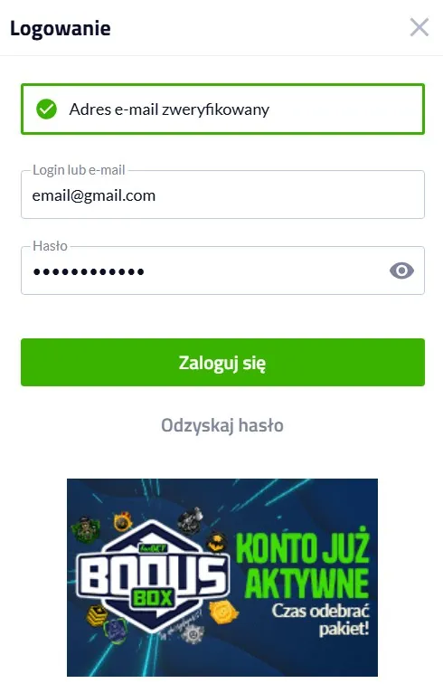 Pierwsze logowanie – komunikat o wyborze pakietu